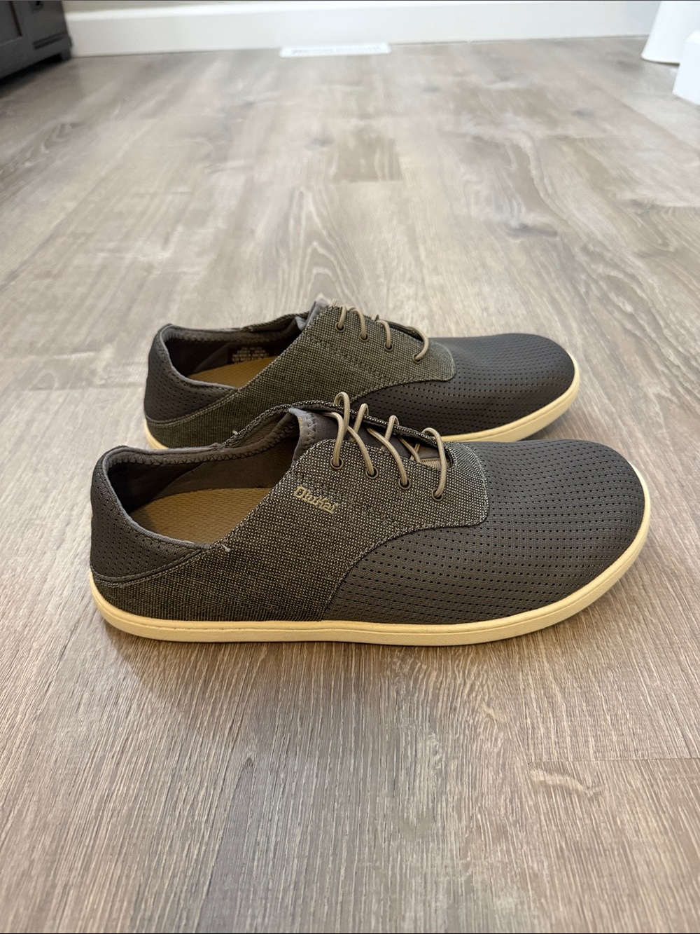 OluKai Men's Perforated Slip-On Lace Shoes in Dark Gray with Cream Sole - Picture 2 of 5